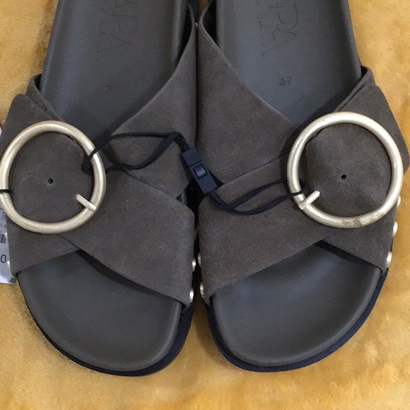 🆕 ZARA Suede Cross Strap Buckle Slides Olive Green - Picture 2 of 11